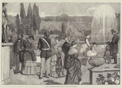 周日下午在波茨坦的Sans Souci花园（雕版画）。 作者 英语学校