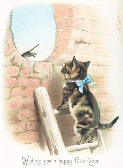 观看老鼠的虎斑猫跑掉，新年卡片 作者 英语学校