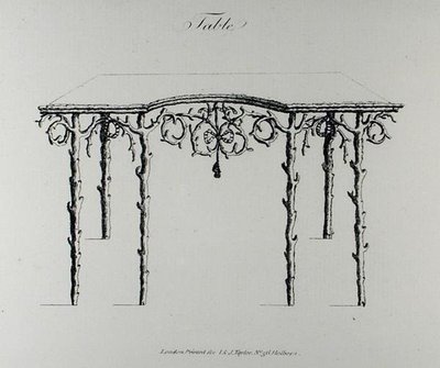 桌子，摘自《怪诞建筑，或乡村娱乐》，作者威廉-赖特，1768年出版（雕刻）（黑白照片）。 作者 英语学校