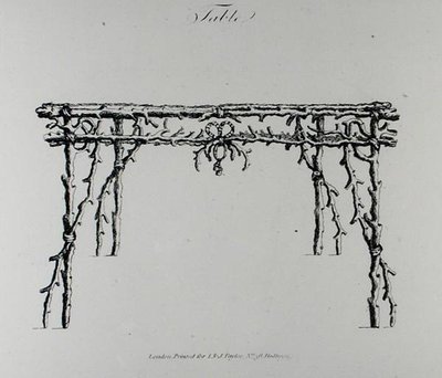 桌子，摘自《怪诞建筑，或乡村娱乐》，作者威廉-赖特，1768年出版（雕刻）（黑白照片）。 作者 英语学校
