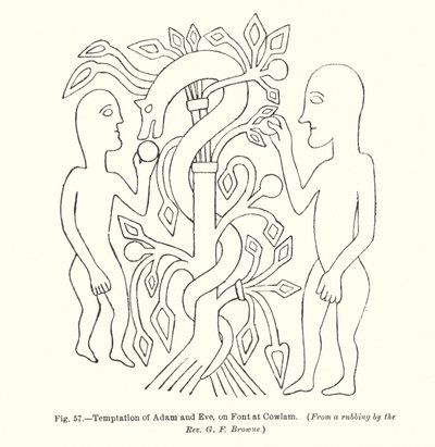 亚当和夏娃的诱惑，在考拉姆的字体上（版画） 作者 英语学校