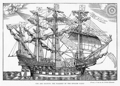 Ark Raleigh，英国舰队的旗舰，来自1888年的“休闲时光”（雕刻） 作者 英语学校