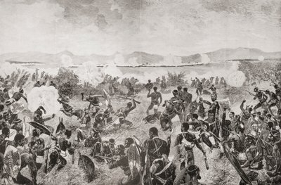 1879 年的乌伦迪战役，展示了祖鲁人和远处英国方阵的最后冲锋，摘自《南非和德兰士瓦战争：卷 1》。 1
