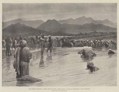Chitral远征队，涉过斯瓦特河，向北看； 背景中的 Chatedarra 村（石版画） 作者 英语学校