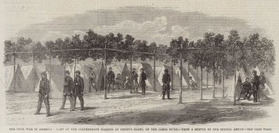 美国内战，德鲁里崖的同盟海军陆战队营地，位于詹姆斯河上（版画） 作者 英语学校