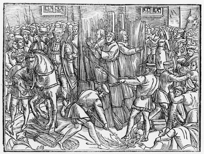 1541 年在史密斯菲尔德，基督最忠实的殉教者罗伯特-巴恩斯博士、托马斯-加雷特和威廉-希罗姆的死亡和焚烧，摘自约翰-福克斯（1516-1587 年）的《行为和纪念碑》。 作者 英语学校