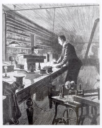 电灯，爱迪生先生（1847-1931）在他的实验室 作者 英语学校