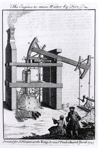 通过Fire提升水的引擎，1747年环球杂志的Newcomens蒸汽机图 作者 英语学校