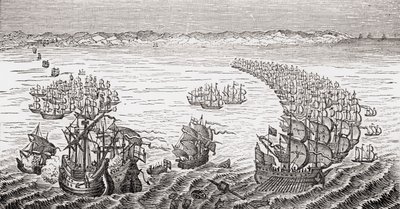 由弗朗西斯·德雷克爵士指挥的英国舰队于1588年攻击西班牙无敌舰队，由Brougham勋爵和其他人从“旧英格兰的骄傲”中攻击，出版于伦敦，1880年代 作者 英语学校