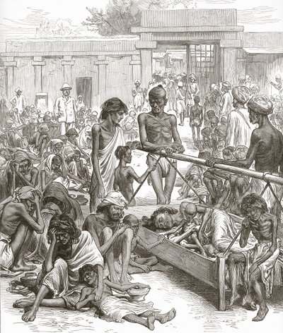 印度的饥荒：  1877年10月，在班加罗尔等待救援的当地人。 作者 英语学校