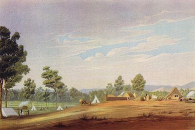 南澳大利亚阿德莱德的第一块土地，约 1837 年（彩色石版画） 作者 英语学校