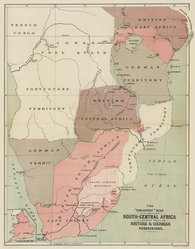 显示英国和德国领地的中南部非洲地图（彩色平印）。 作者 英语学校