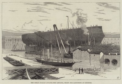 伟大的意大利城堡船 Lepanto，准备在 Leghorn 下水（雕刻） 作者 英语学校