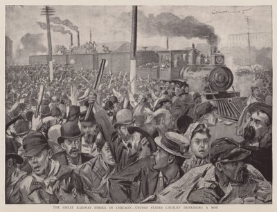 芝加哥铁路大罢工，美国骑兵驱散暴徒（石版画） 作者 英语学校