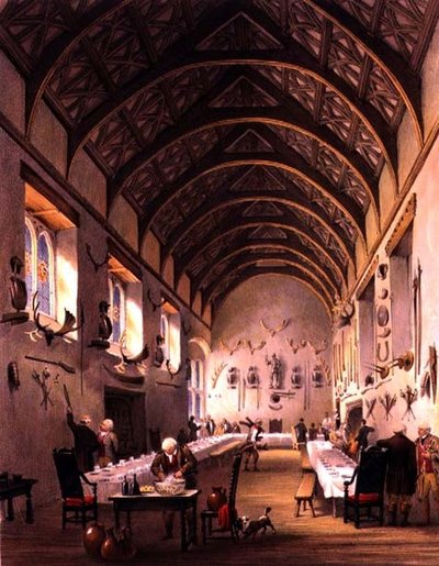 大厅，Cotehele房子，约1830-40（彩色平版印刷）。 作者 英语学校