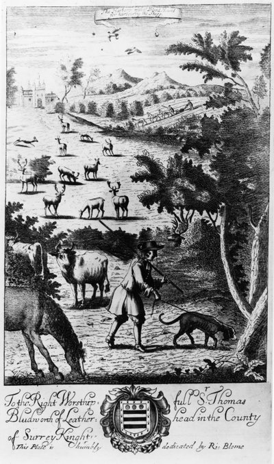 1686年Richard Blome出版的“The Gentleman&39;s Recreation”中带有血猎犬的Harbourer 作者 英语学校