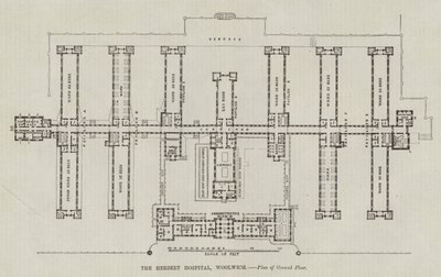 赫伯特医院，伍尔维奇，底层平面图（雕刻）。 作者 英语学校