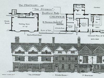 The Buildingry and The Stores，Bedford Park，Chiswick，来自The Building News，1877 作者 英语学校