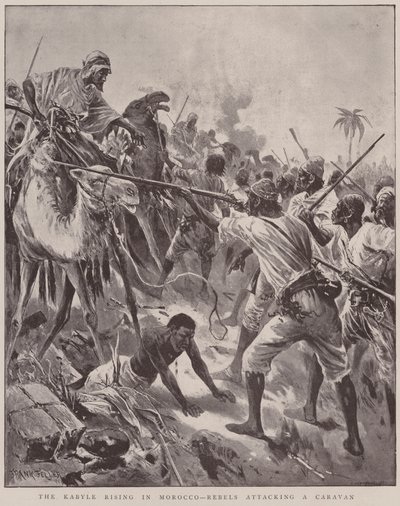 卡比尔人在摩洛哥崛起，叛军袭击大篷车（石版画） 作者 英语学校