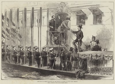 威尔士亲王在 HMS Serapis 上收到的希腊国王（雕刻） 作者 英语学校