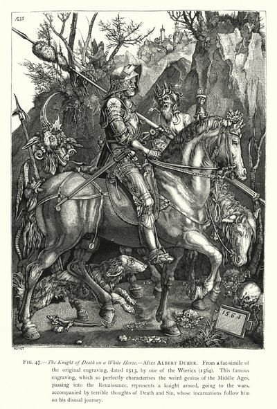 骑着白马的死亡骑士（雕刻）。 作者 英语学校