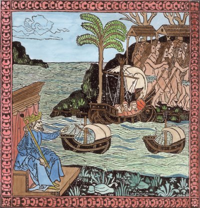 “哥伦布着陆”，来自“美国叙事与批评史”的第二卷，由Justin Winsor编辑，1886年伦敦（木刻）（后期着色） 作者 英语学校