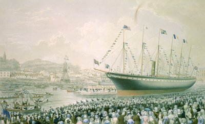 “大不列颠”轮船于 1843 年 7 月 9 日在布里斯托尔下水，约 1843 年（彩色石版画） 作者 英语学校