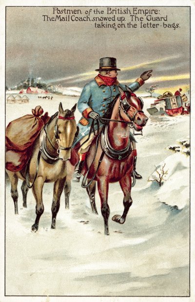 邮车被大雪覆盖，卫兵在搬运信袋（彩色石版画） 作者 英语学校