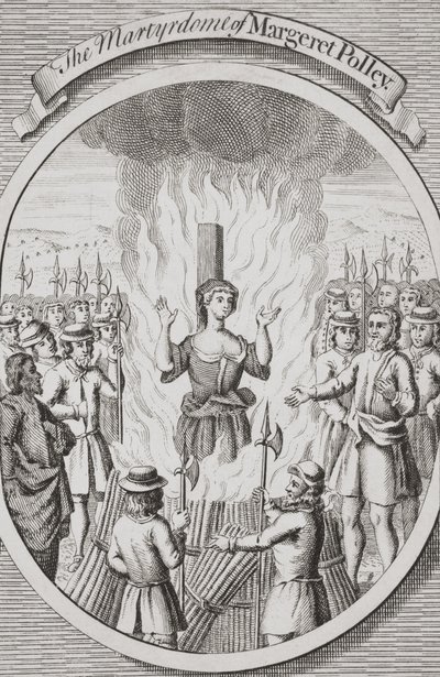 玛格丽特-波利在坦布里奇的殉难，选自《焚烧殉难者》，1741 年出版（石版印刷）。 作者 英语学校