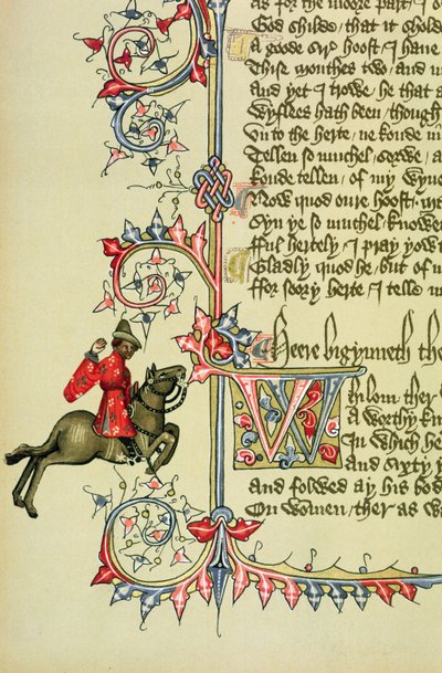 商人，来自坎特伯雷故事的传真细节，由Geoffrey Chaucer（c.1342-1400） 作者 英语学校