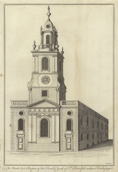 没有Bishopsgate，伦敦的St Botolph教区教堂的东北部展望 作者 English School