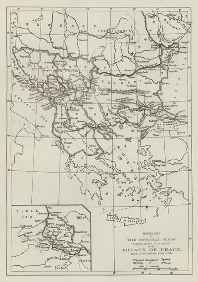 1878 年 3 月 3 日在圣斯特凡诺签署的《和平条约》官方地图（雕刻） 作者 英语学校