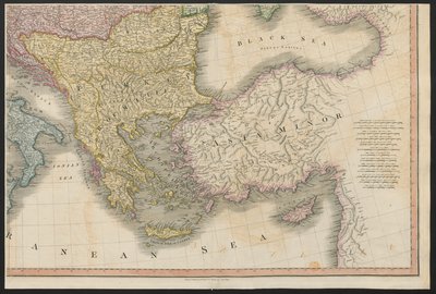 来自欧洲的奥斯曼帝国，描述了 1815 年 11 月 20 日巴黎最终条约所同意和确认的领土的所有变化，以及其几个帝国和国家边界线的偏差，1816 年出版（彩色）。 作者 英语学校