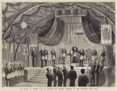 威尔士亲王访问诺维奇，志愿者演练大厅共济会仪式（版画） 作者 英语学校