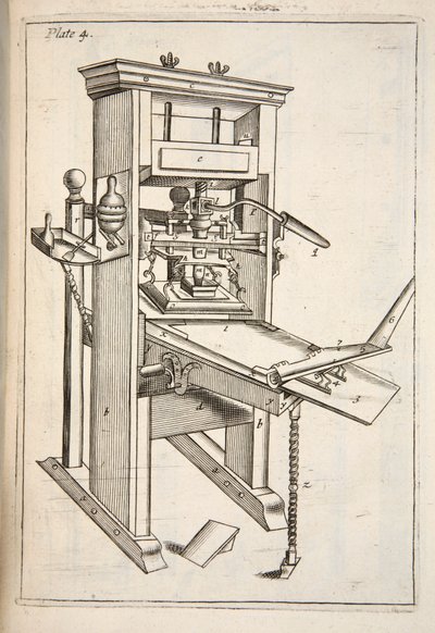 The Printing Press, pub.1683年的雕刻。 作者 英语学校