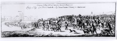 查理二世（1630-85）的游行和他的新女王，布拉干萨的凯瑟琳（1638-1705）从朴茨茅斯到汉普顿宫，1662年 作者 英语学校
