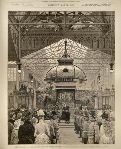 利物浦展览中的女王：陛下在1886年5月22日的伦敦新闻画报中，在中央画廊的戴斯上掠夺利物浦市长 作者 英语学校