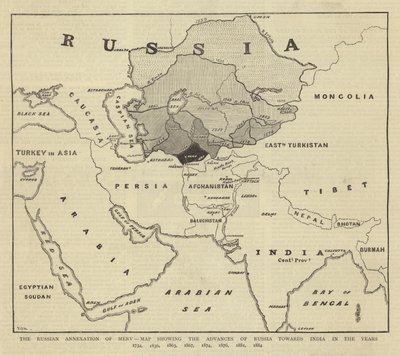 俄罗斯对Merv的兼并，地图显示1734年，1836年，1863年，1867年，1874年，1876年，1881年，1884年俄罗斯对印度的进展 作者 英语学校