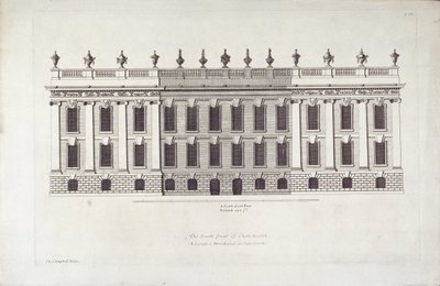“查茨沃斯南前线”，来自 Colen Campbell 的“Vitruvius Britannicus 或英国建筑师”的插图（版画） 作者 英语学校