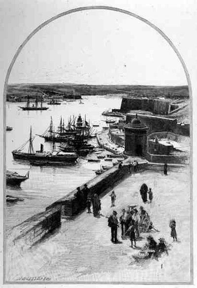 马耳他瓦莱塔大港之巅，摘自《风景如画的地中海》第三卷，由Cassell and Co出版。Ltd.出版。 作者 英语学校
