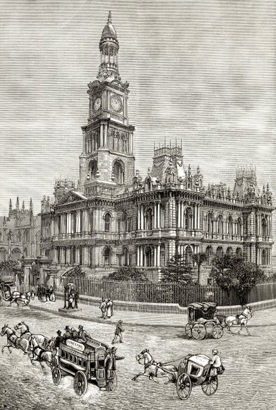 悉尼市政厅，1880年，来自霍华德威洛比的“澳大利亚图片”，由伦敦宗教学会出版，1886年 作者 英语学校