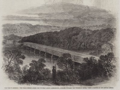 美国战争，乔治敦上方波托马克河上的链桥，望向弗吉尼亚海岸（版画） 作者 英语学校