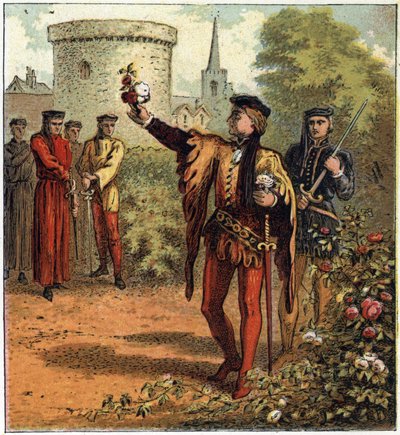The War of the Two Roses (1455-1485): the beginning of the conflict. One Lord of the Royal House of York picks a white rose and another from the Royal House of Lancaster picks a red rose. Illustration of the English Civil War born by the division of the su 作者 英语学校