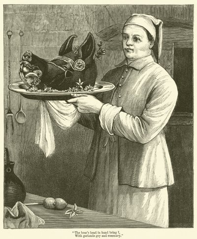 "野猪头在手，我带着花环和迷迭香"（雕刻）。 作者 英语学校