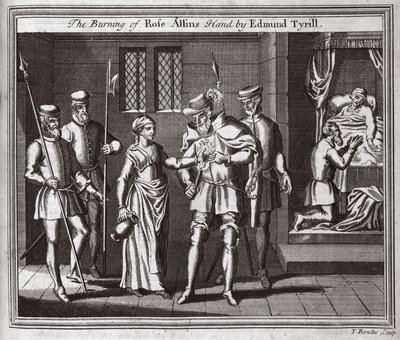 Edmund Tyrill焚烧Rose Allins手，来自Foxes Martyrs c.1703的插图 作者 英语学校
