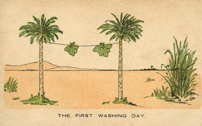 第一个洗衣日：亚当和夏娃的无花果叶在洗衣线上晾晒（彩色石版画） 作者 英语学校
