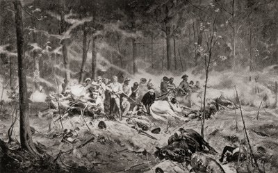 1893 年第一次马塔贝勒战争期间，艾伦-威尔逊少校在马塔贝勒兰的香加尼河上最后的阵地，取材于艾伦-斯图尔特的画作，选自路易斯-克雷斯维克所著的《南非和德兰士瓦战争：第一卷》，1900 年出版（石版印刷）。 作者 英语学校