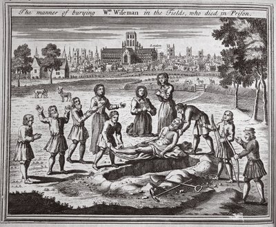 在监狱中死去的Wm Wiseman埋葬的方式，来自Foxes Martyrs的插图c.1703 作者 英语学校