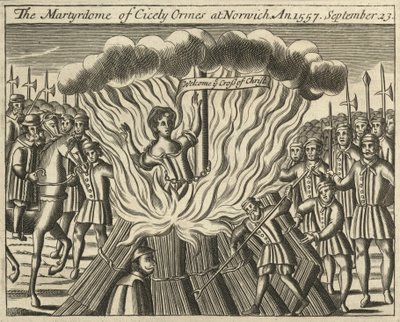 1557 年 9 月 23 日，西塞莉-奥尔梅斯在诺里奇殉难（雕刻） 作者 英语学校