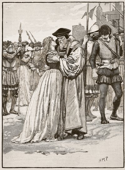 托马斯·莫尔爵士和他的女儿的离别，来自卡塞尔斯画报英国历史的插图（棕褐色照片） 作者 English School